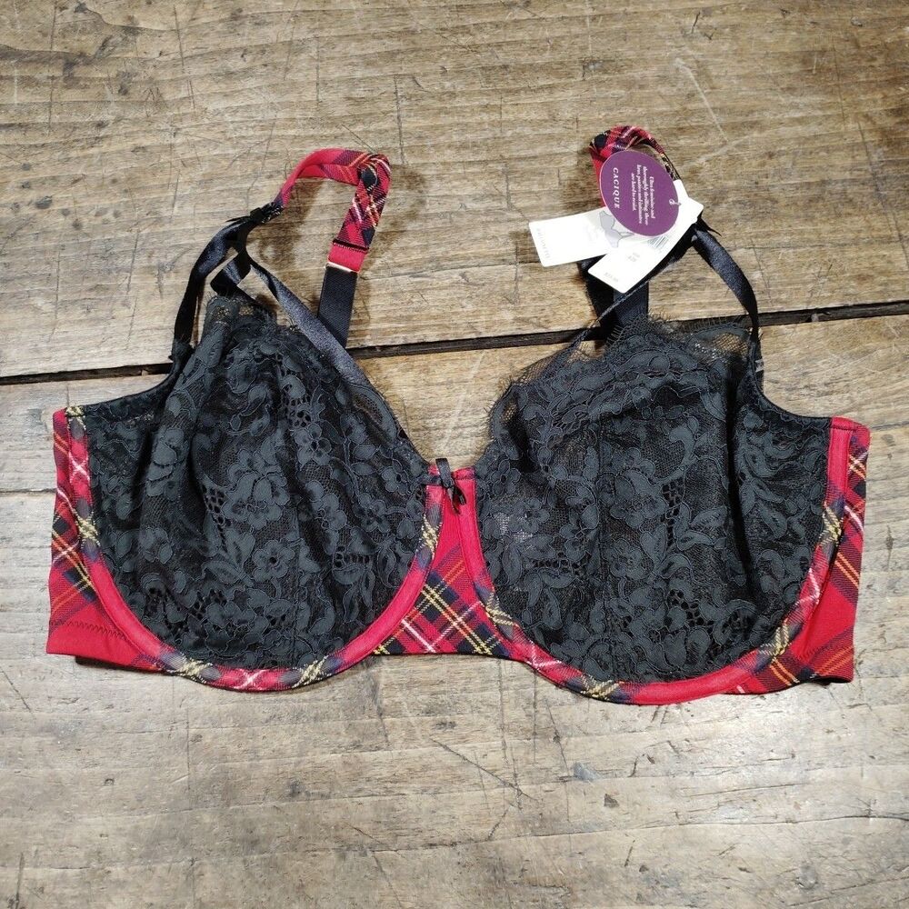 Cacique Bra 42 F Black Lace Underwire Balconette Red Plaid Sexy Support